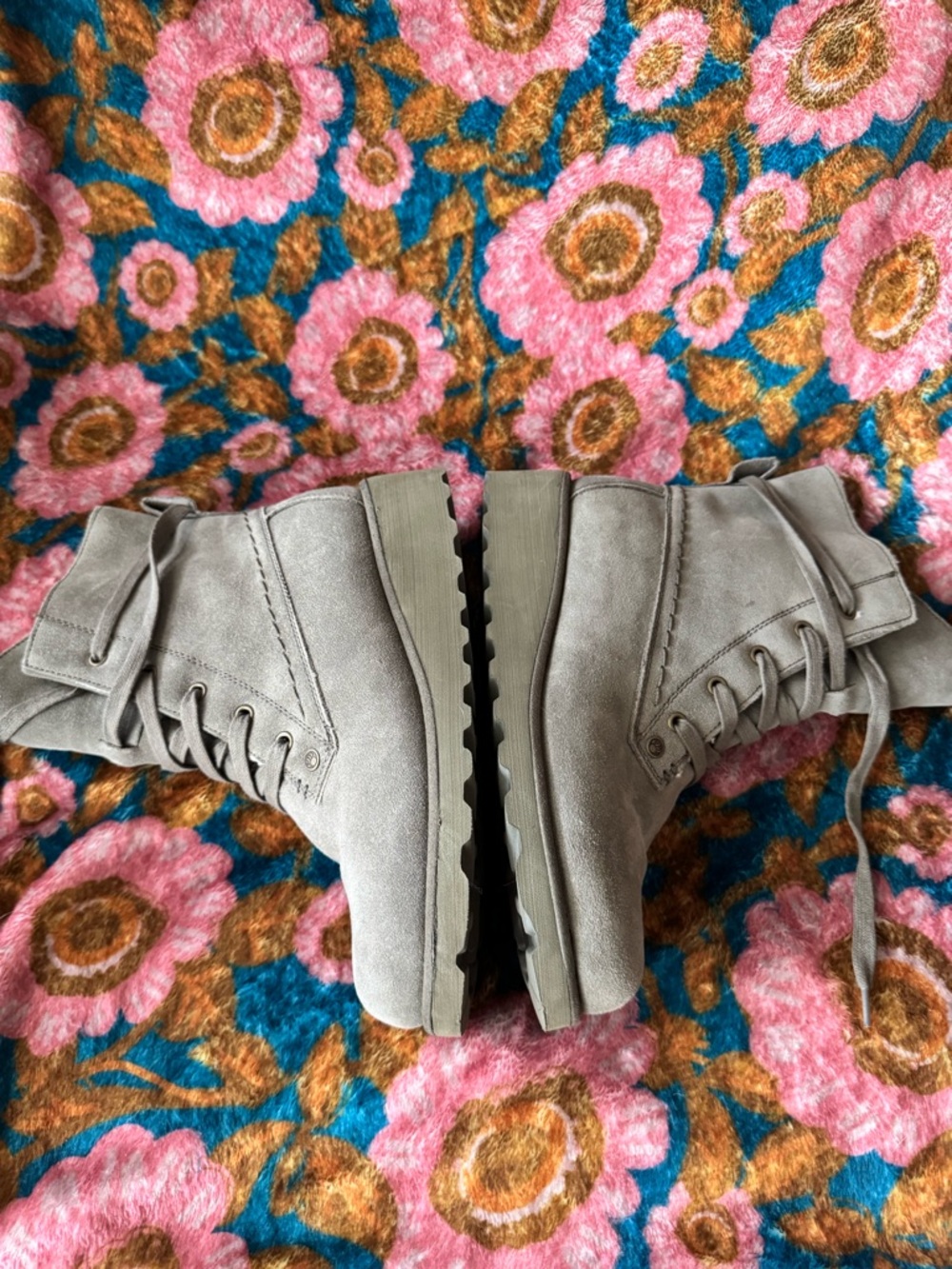 BearPaw Olive Gray Suede Lace-Up Ankle Boots with Faux Shearling - Picture 10 of 14